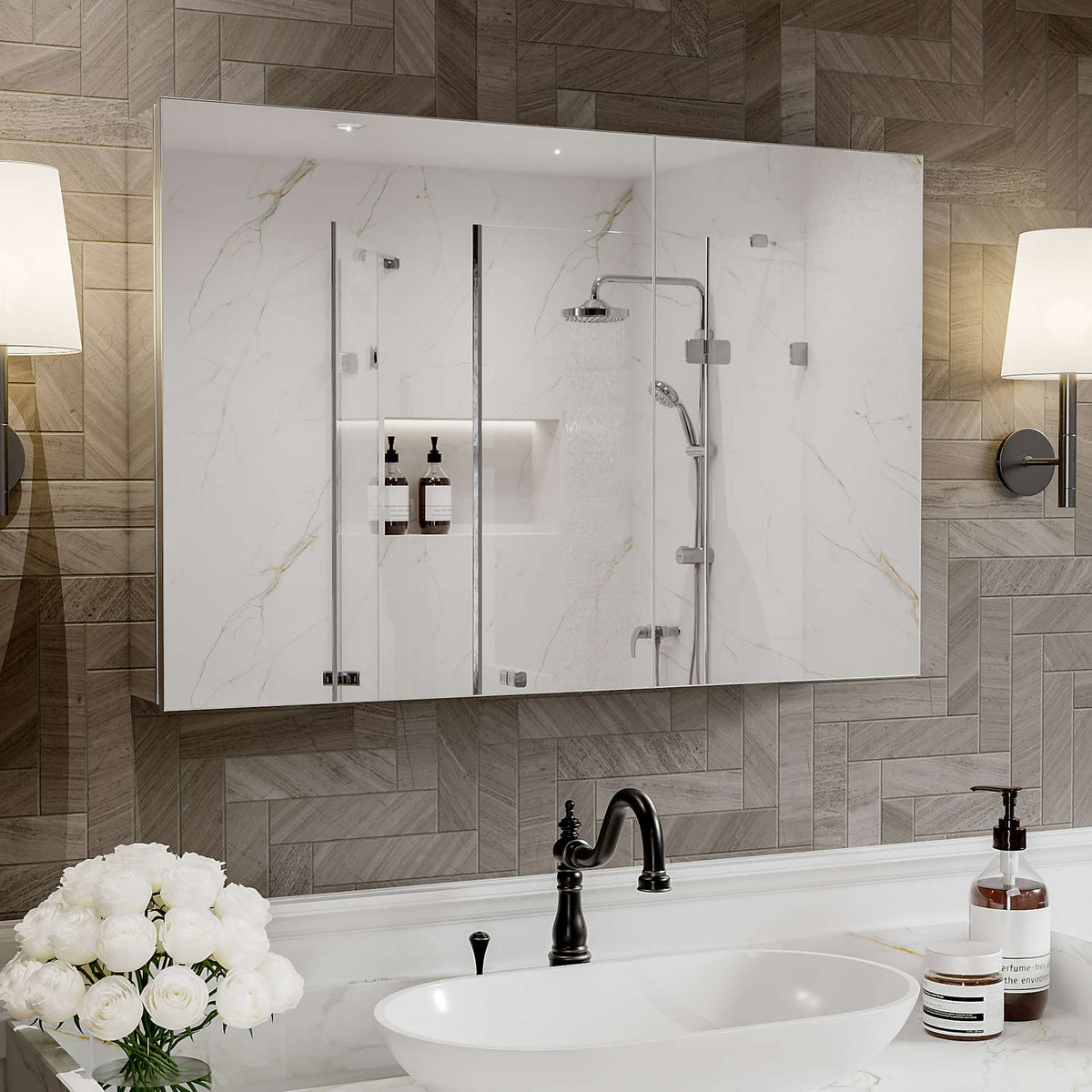 30 x 24-inch mirrored medicine cabinet on a patterned tile wall.