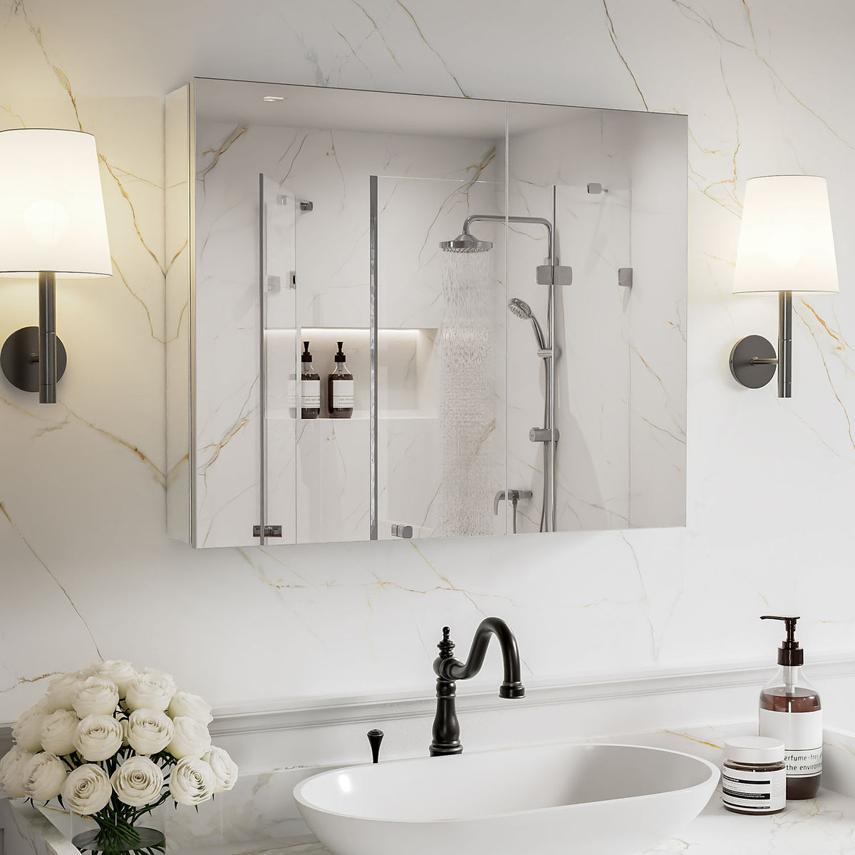 30 x 24-inch mirrored medicine cabinet above a sink on a white marble wall.