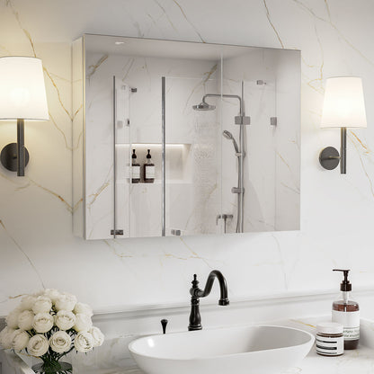 30 x 24-inch mirrored medicine cabinet above a sink on a white marble wall.