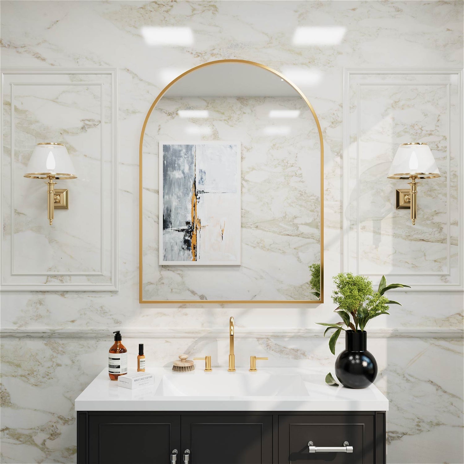 30x40 gold arched bathroom mirror front view
