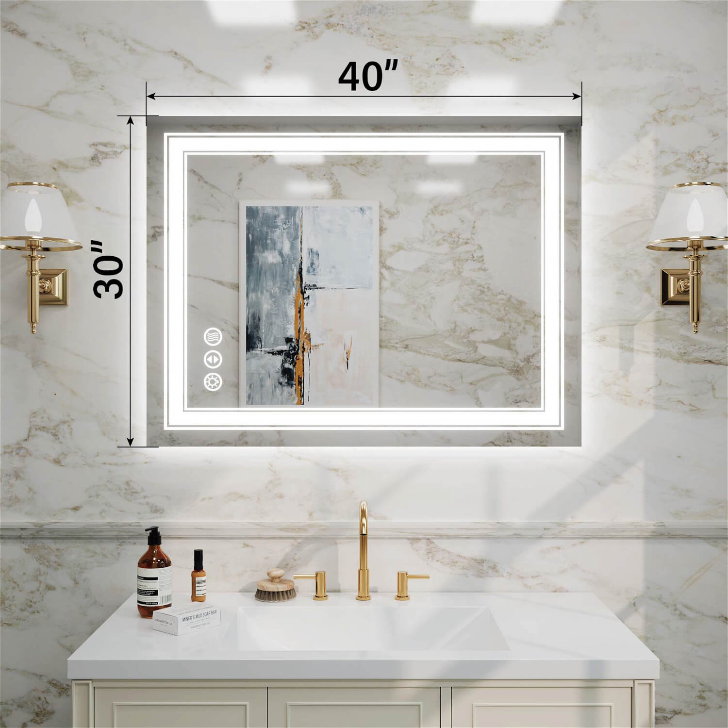 30x40 inch horizontal frameless LED bathroom mirror with dual LED strips and dimension markings