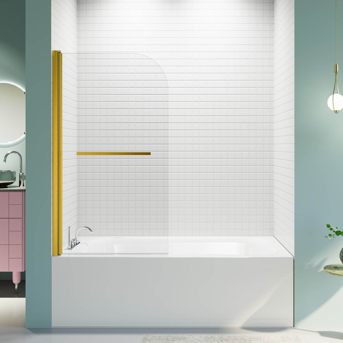 31 in x 55 in Brushed Gold SGCC Safety Glass Bathtub Screen