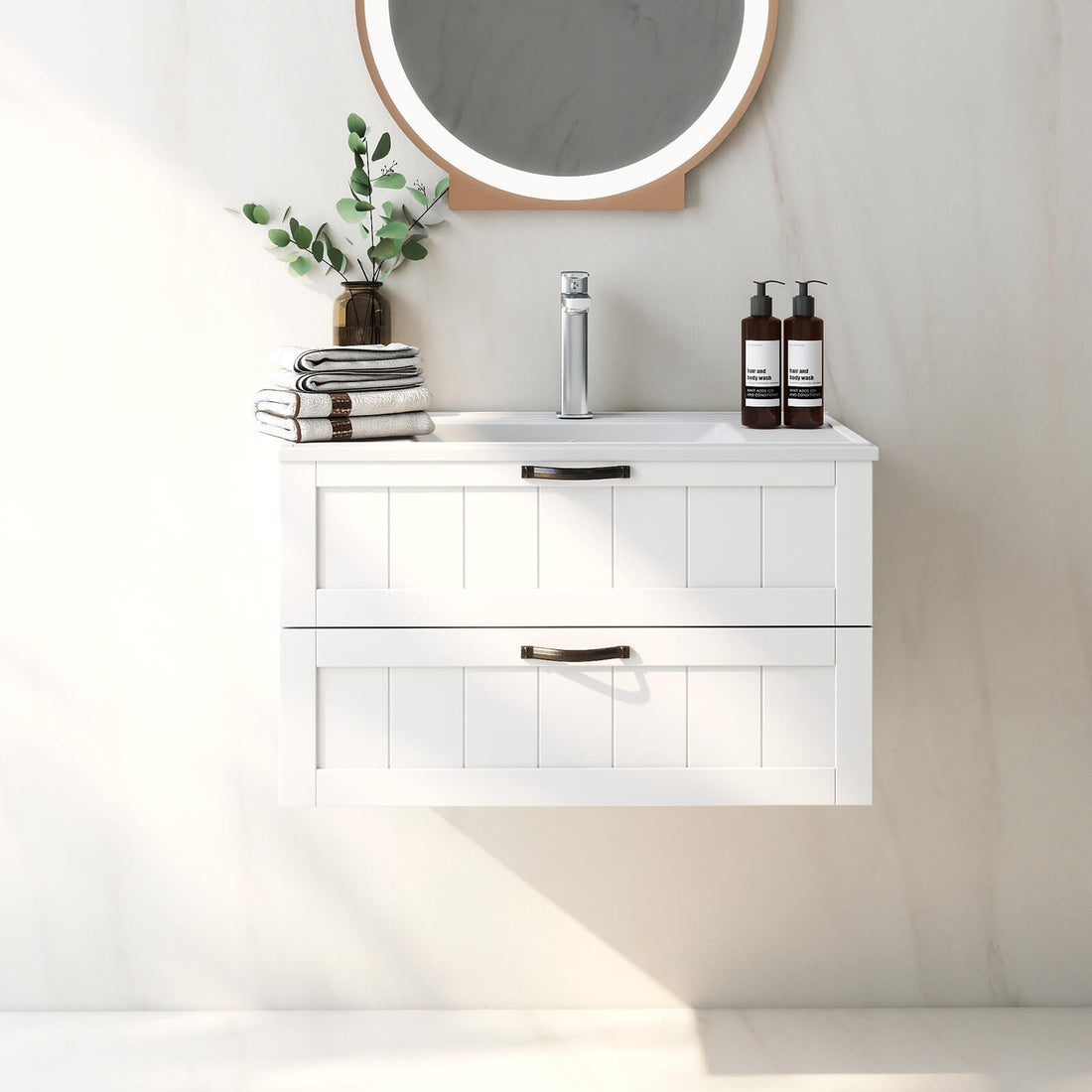 32 inch Wall Mounted Bathroom Vanity with Decorative Drawer Panels