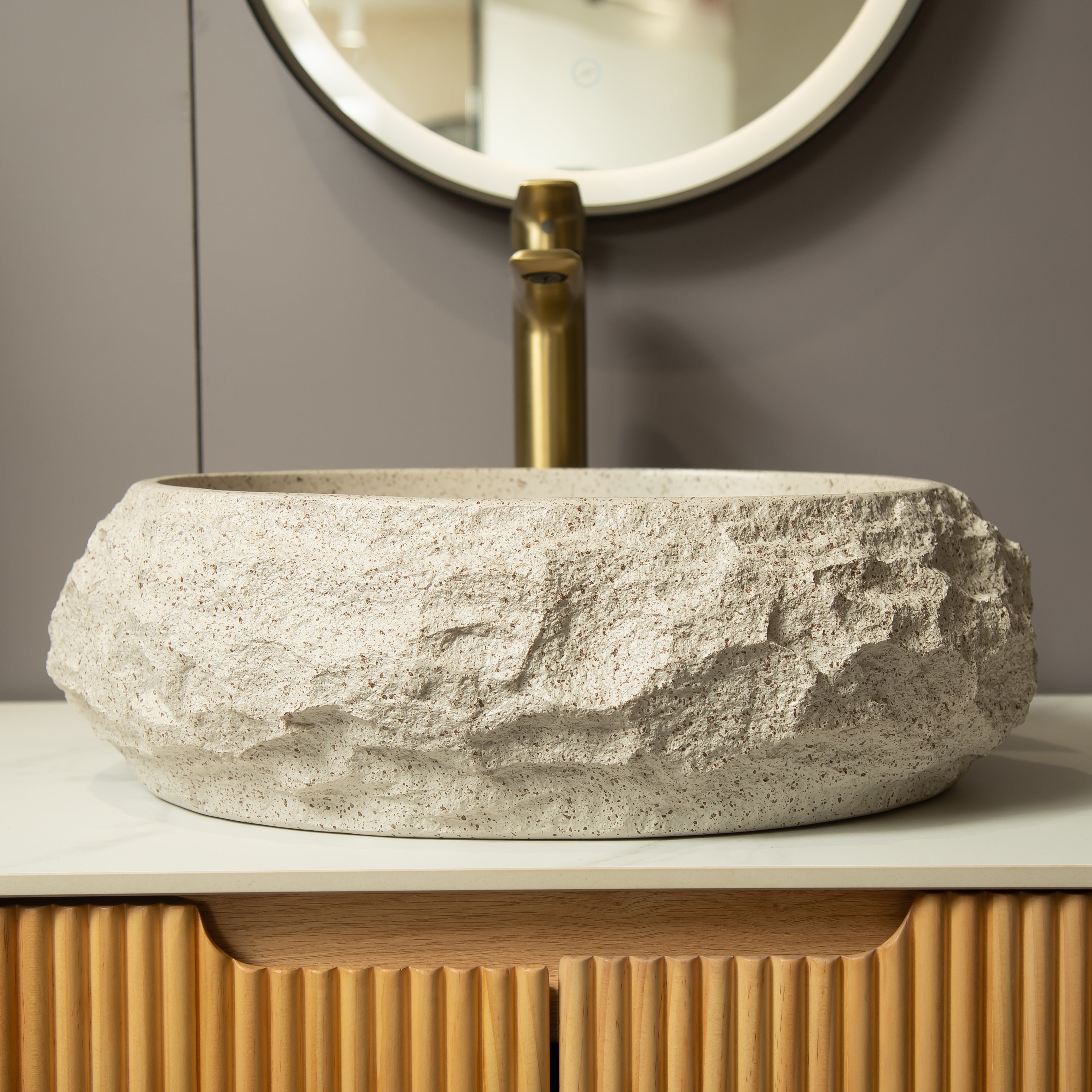 Beige Stone Pattern Resin Vessel Bathroom Sink artistic oval basin with rock-like exterior