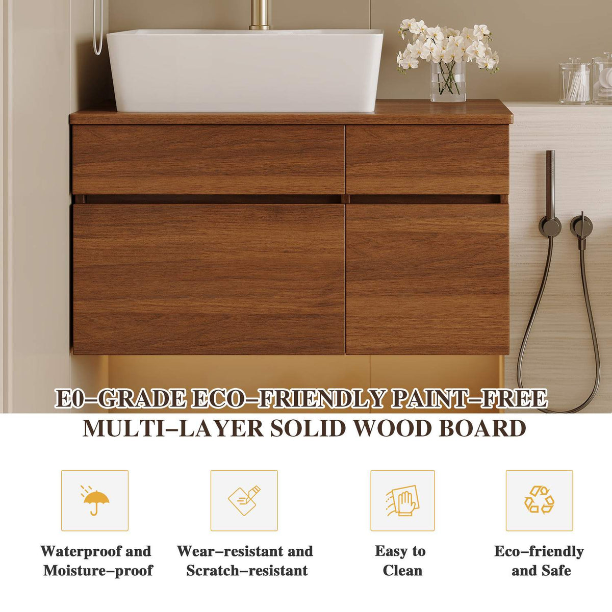 32 inch Eco-Friendly Paint-Free Walnut Vanity Waterproof Solid Wood Board