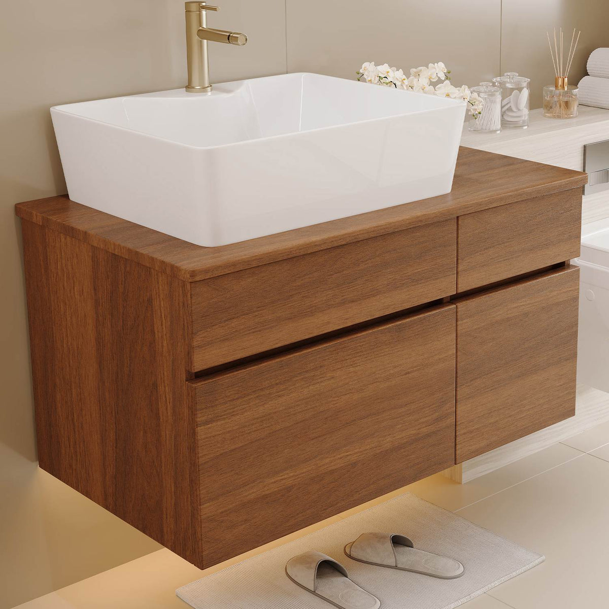 32 inch Engineered Stone Top Bathroom Vanity Hidden Handles Side View