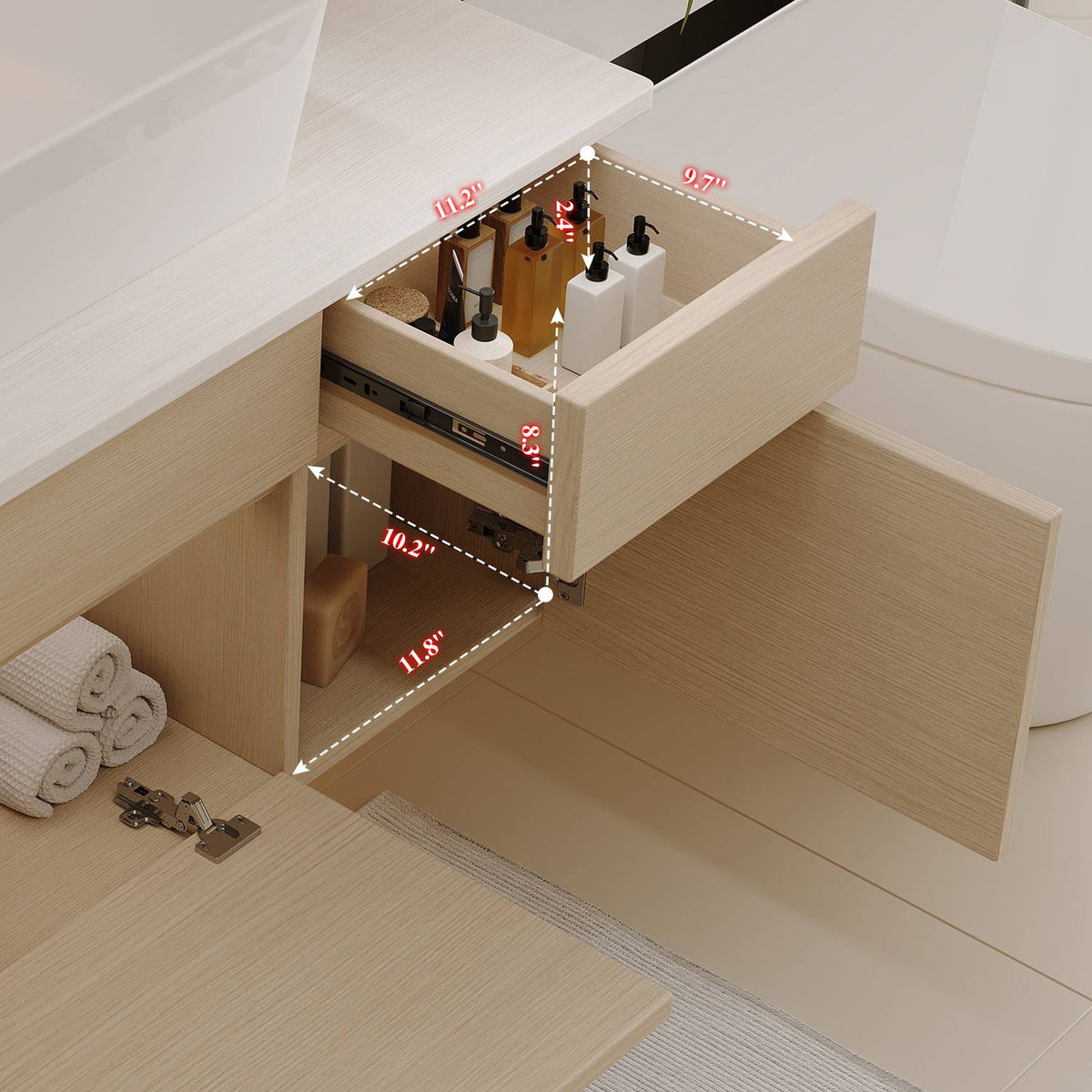 32 inch Floating Bathroom Vanity Right Drawer and Side Cabinet Storage Dimensions