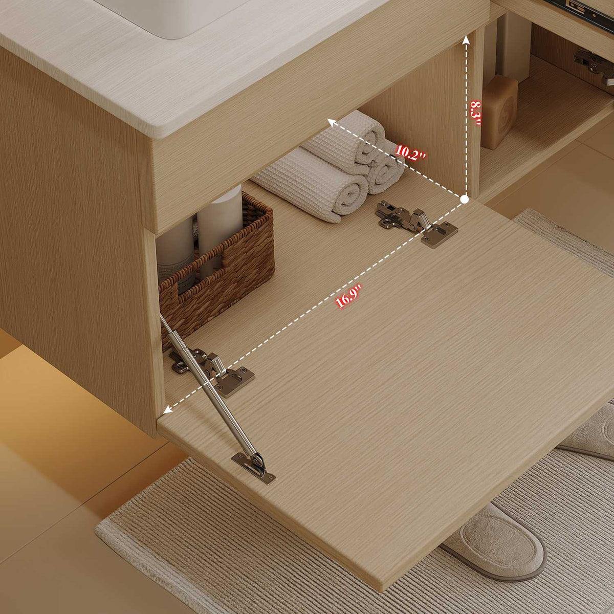 32 inch Floating Vanity Left Downward Open Cabinet Door Storage Dimension Breakdown