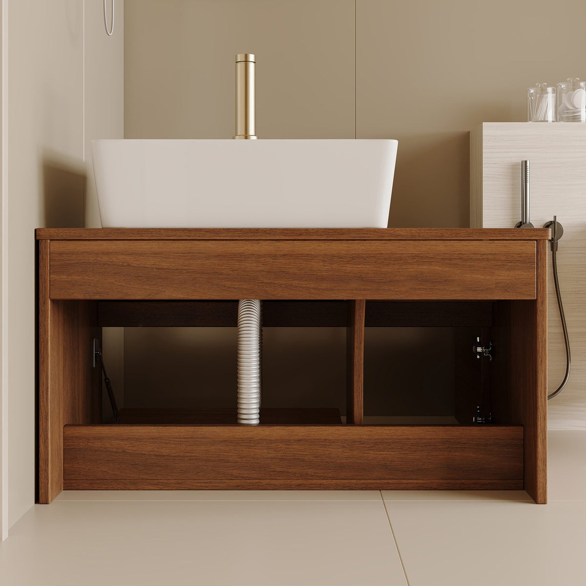 32 inch Floating Walnut Vanity Open Storage Framework and Plumbing Space