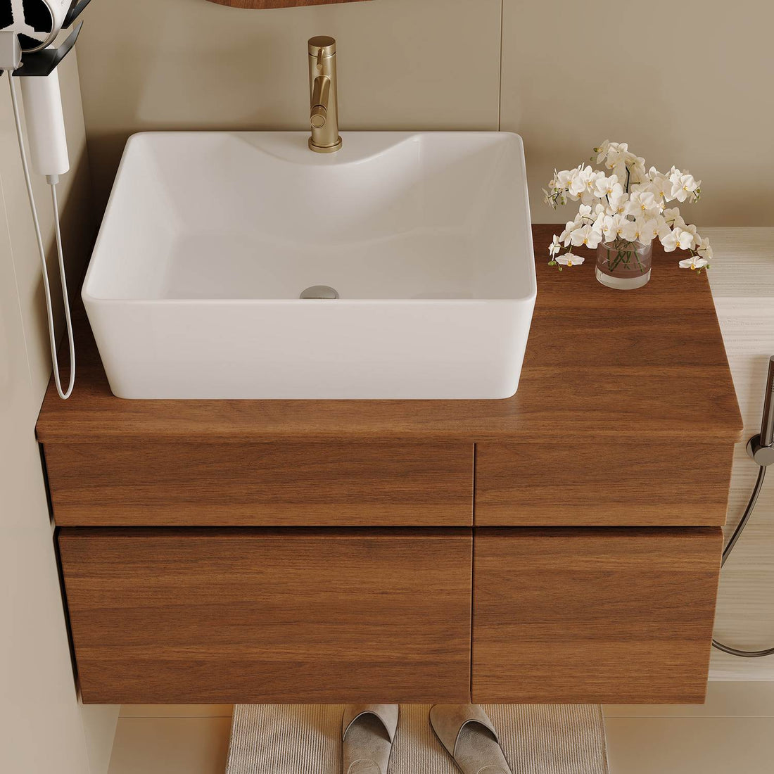 32 inch Wall-Mounted Walnut Bathroom Vanity Top View with Ceramic Sink