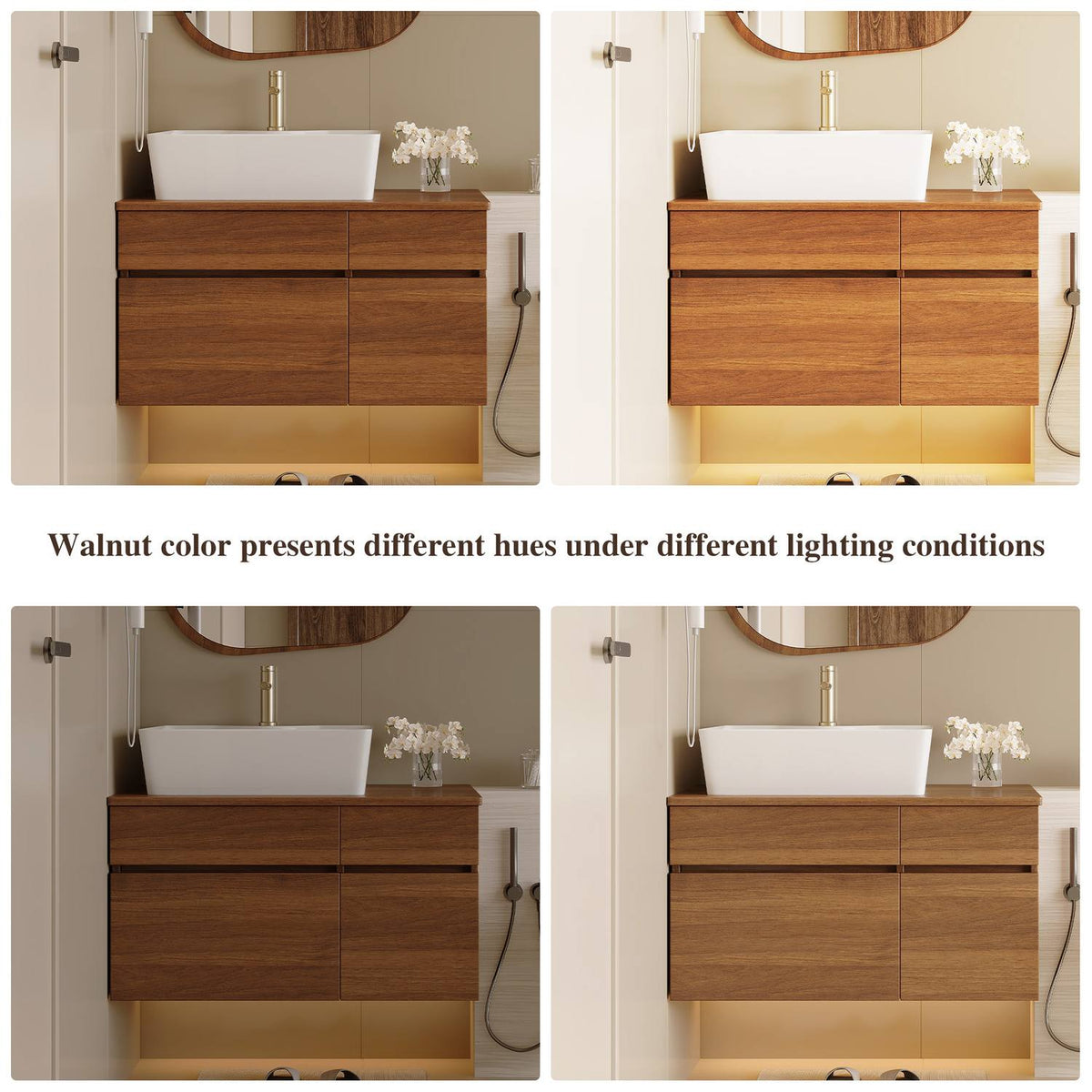 32 inch Walnut Bathroom Cabinet Color Under Different Lighting Conditions