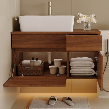 32 inch Walnut Bathroom Vanity Cabinet Door and Drawer Storage Display