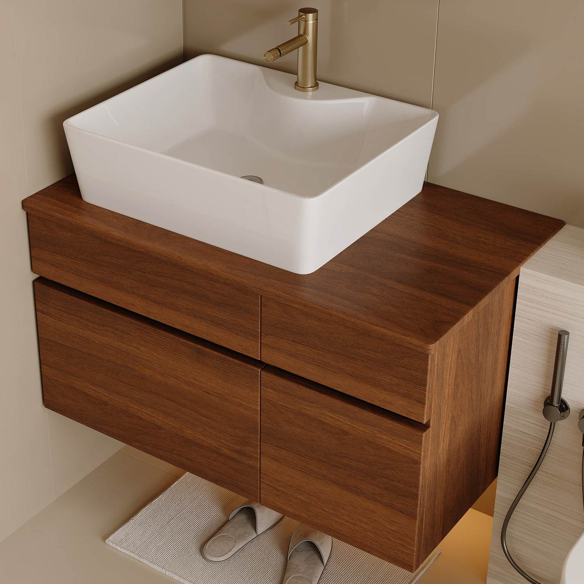 32 inch Walnut Bathroom Vanity Cabinet with Left Offset Ceramic Vessel Sink