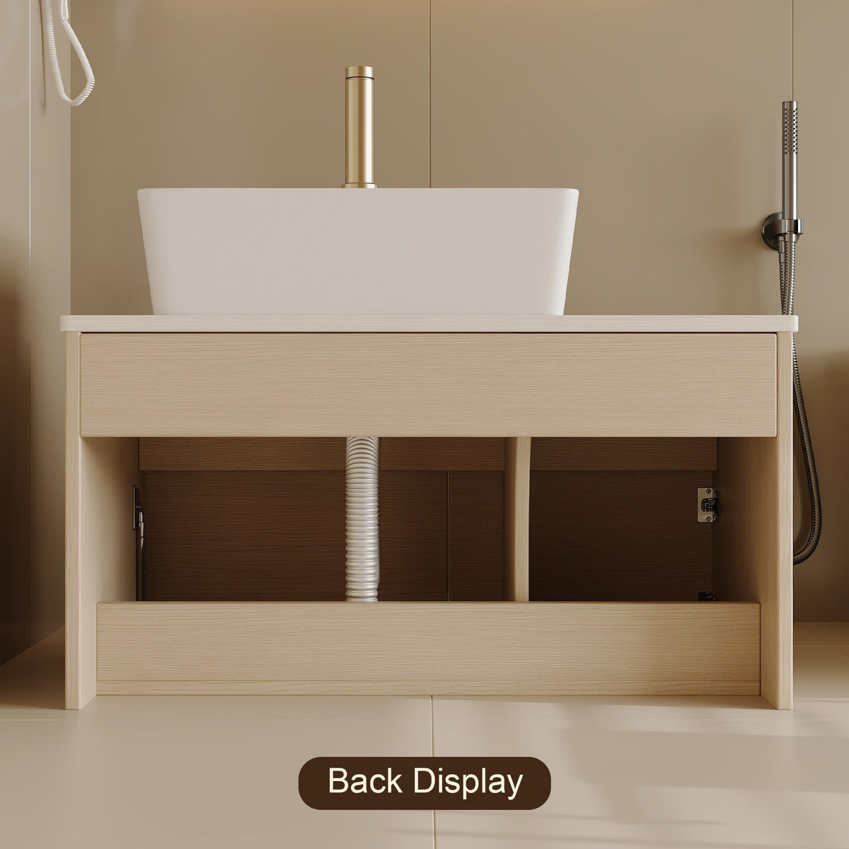 32 inch White Oak Bathroom Vanity Back Display Plumbing Drain Pipe Cutout Structure