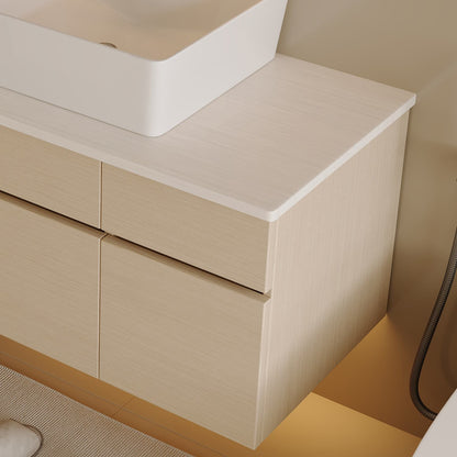 32 inch White Oak Bathroom Vanity Cabinet Corner Detail White Solid Countertop