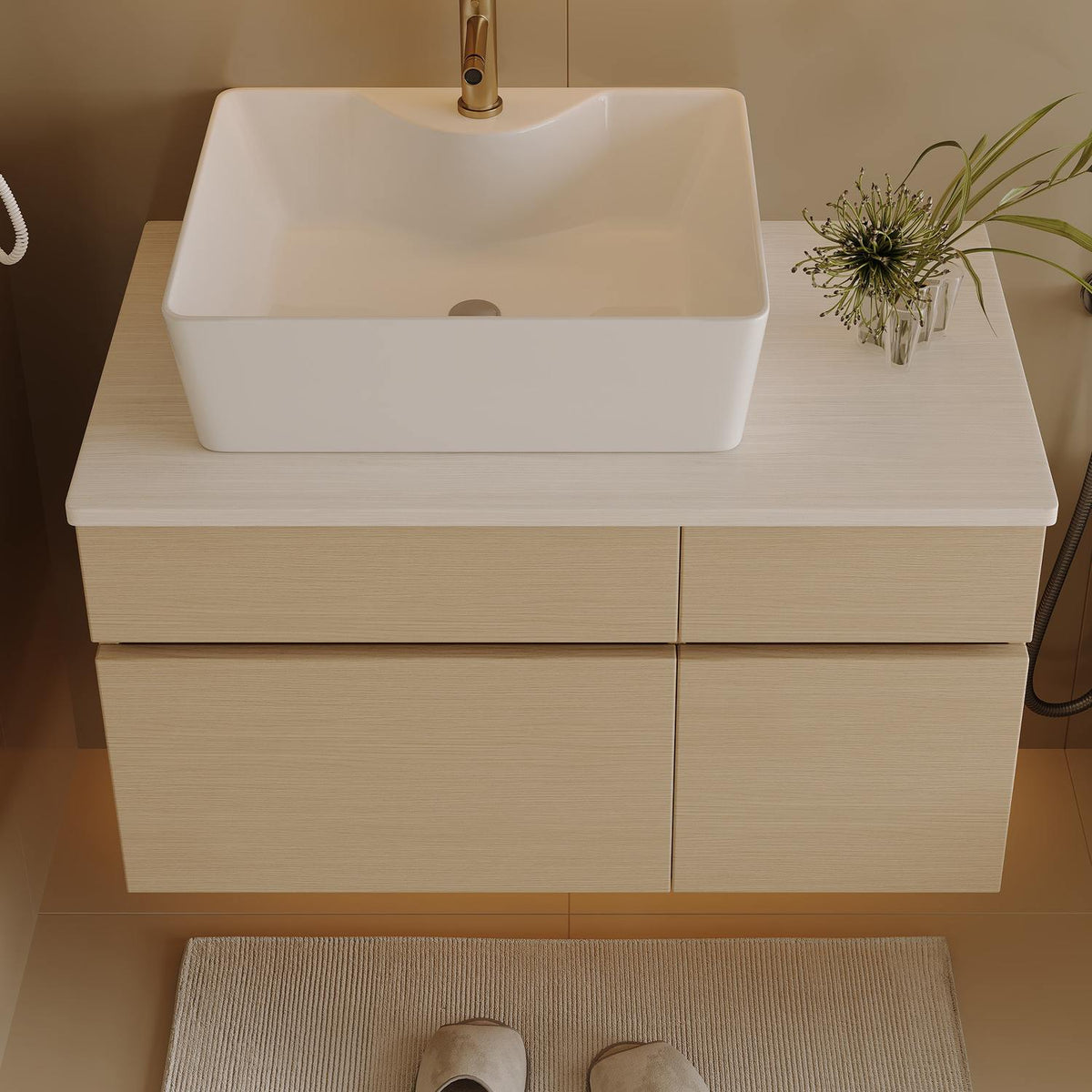 32 inch White Oak Bathroom Vanity Countertop View with Left Vessel Basin