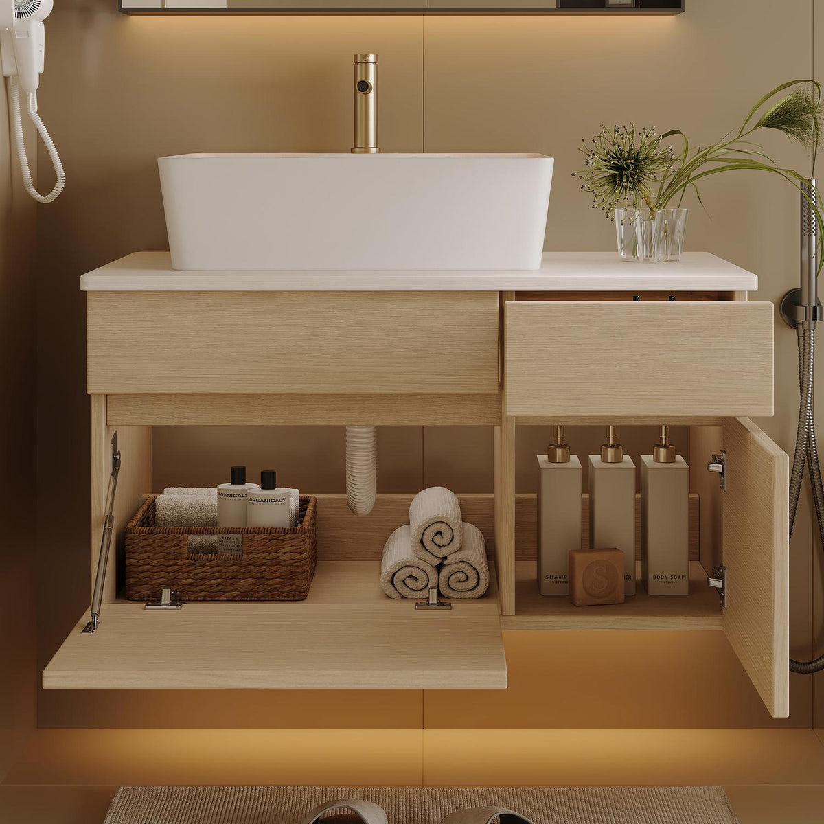 32 inch White Oak Bathroom Vanity Open Cabinet Drawers Plumbing Cutout Storage