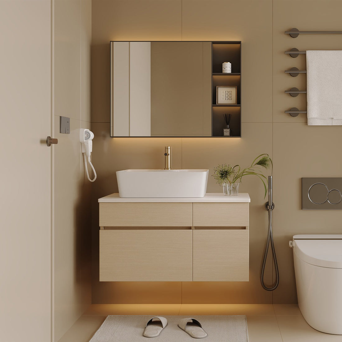 32 inch White Oak Floating Bathroom Vanity Set Modern Warm Neutral Bathroom Setup