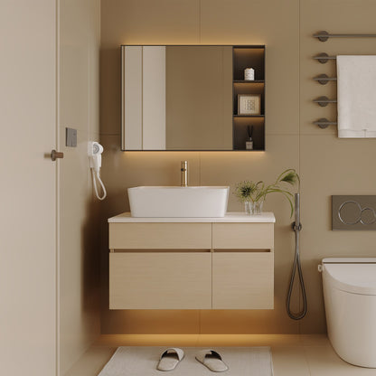 32 inch White Oak Floating Bathroom Vanity Set Modern Warm Neutral Bathroom Setup