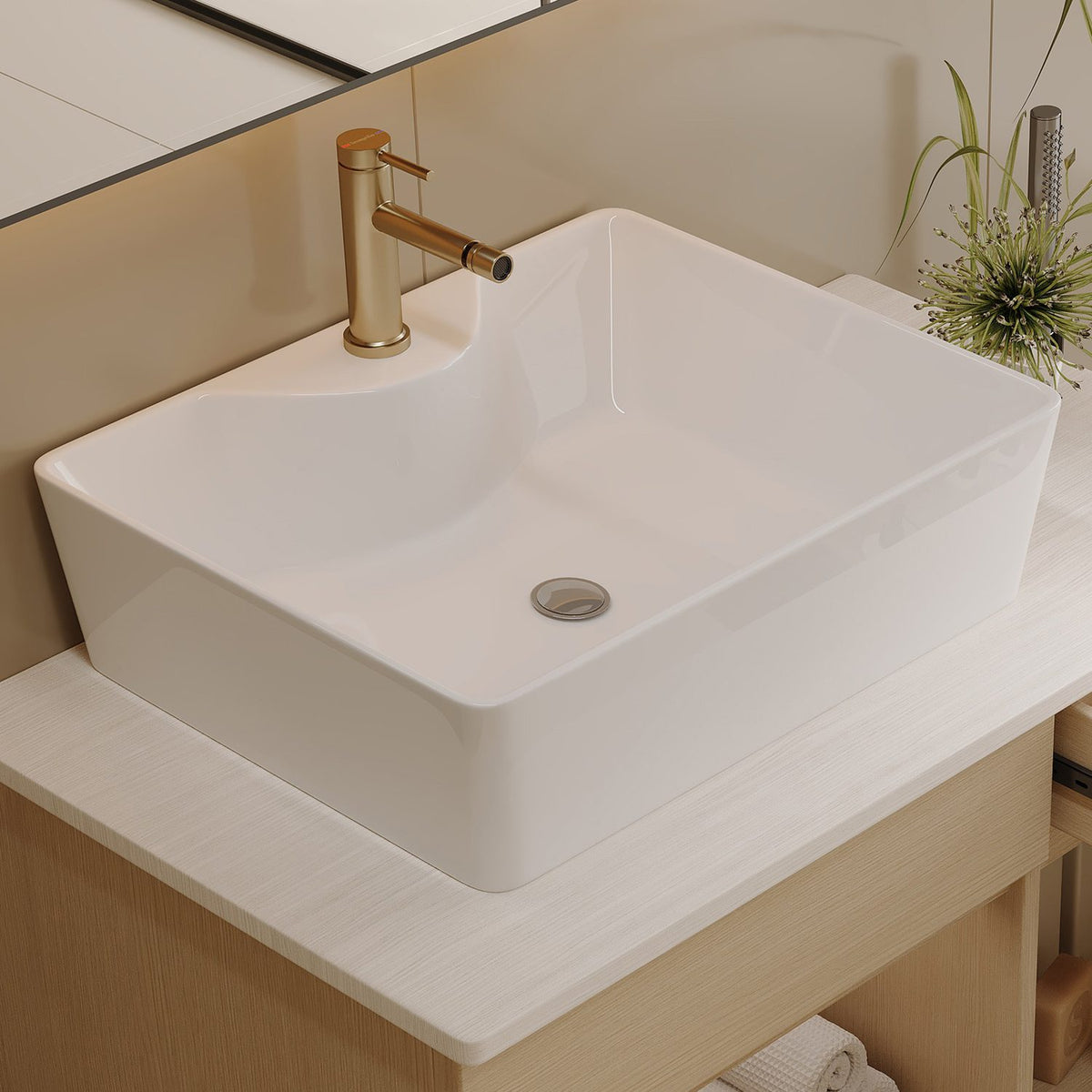32 inch White Oak Floating Vanity Left Offset Above Counter Ceramic Vessel Sink