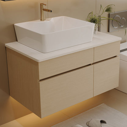 32 inch White Oak Floating Vanity Rectangular Ceramic Above Counter Vessel Sink