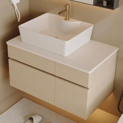 32 inch White Oak Wall Mounted Bathroom Vanity White Countertop Angled View