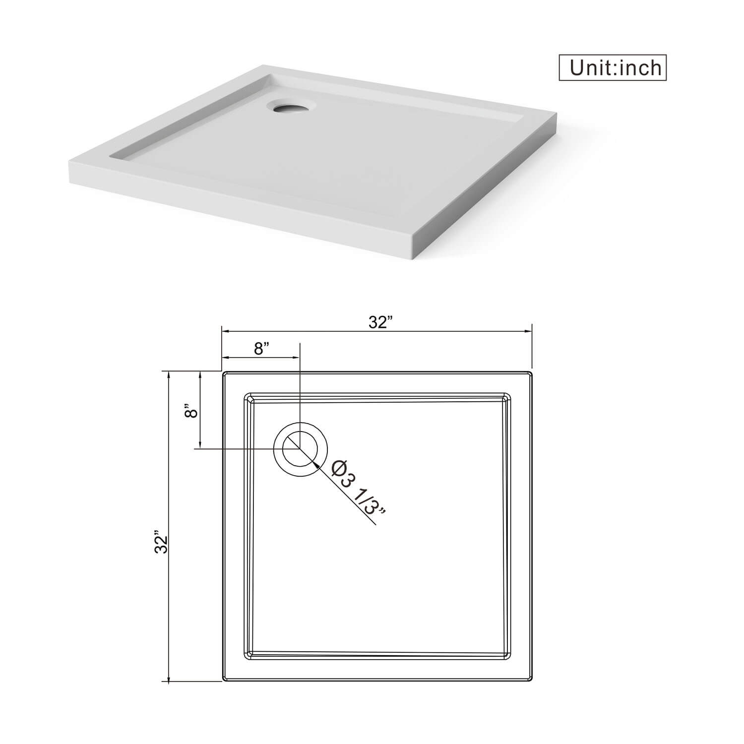 32" x 32" Compact Corner Drain Acrylic Shower Base