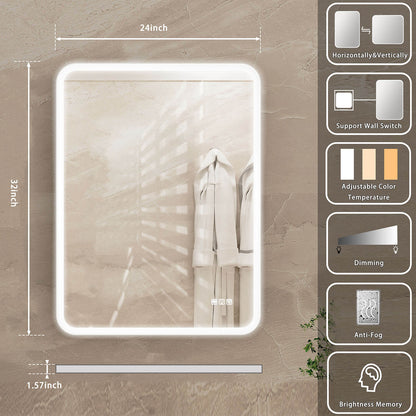 32x24 inch Wall-Mount Anti-Fog LED Light Bathroom Mirror size