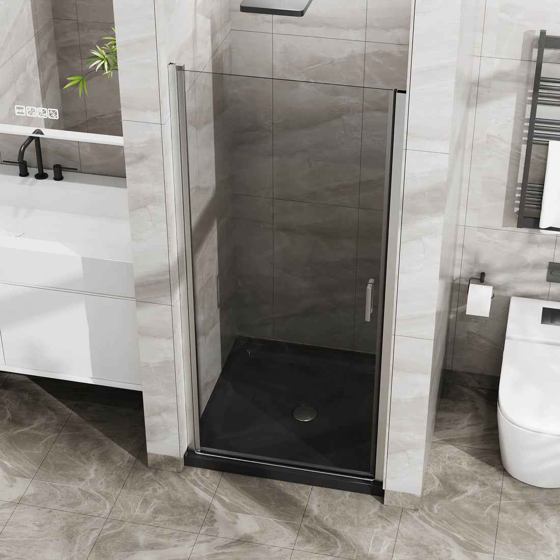 34"-35.2" x 72" Chrome Pivot Shower Door Kit with Tempered Glass and Acrylic Shower Pan