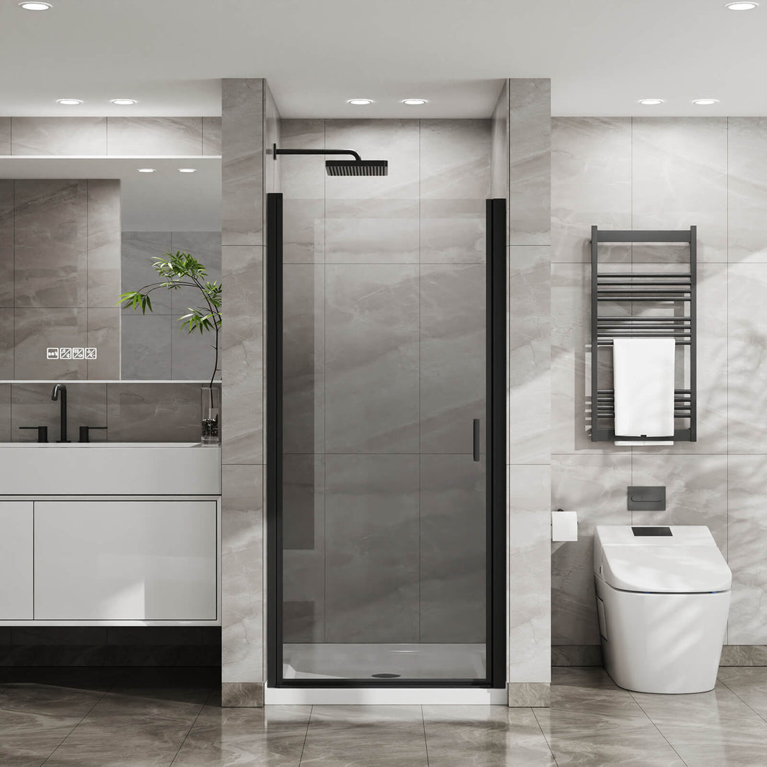 34 x 72 inch Black Pivot Shower Door Kit with Tempered Glass and Acrylic Shower Pan