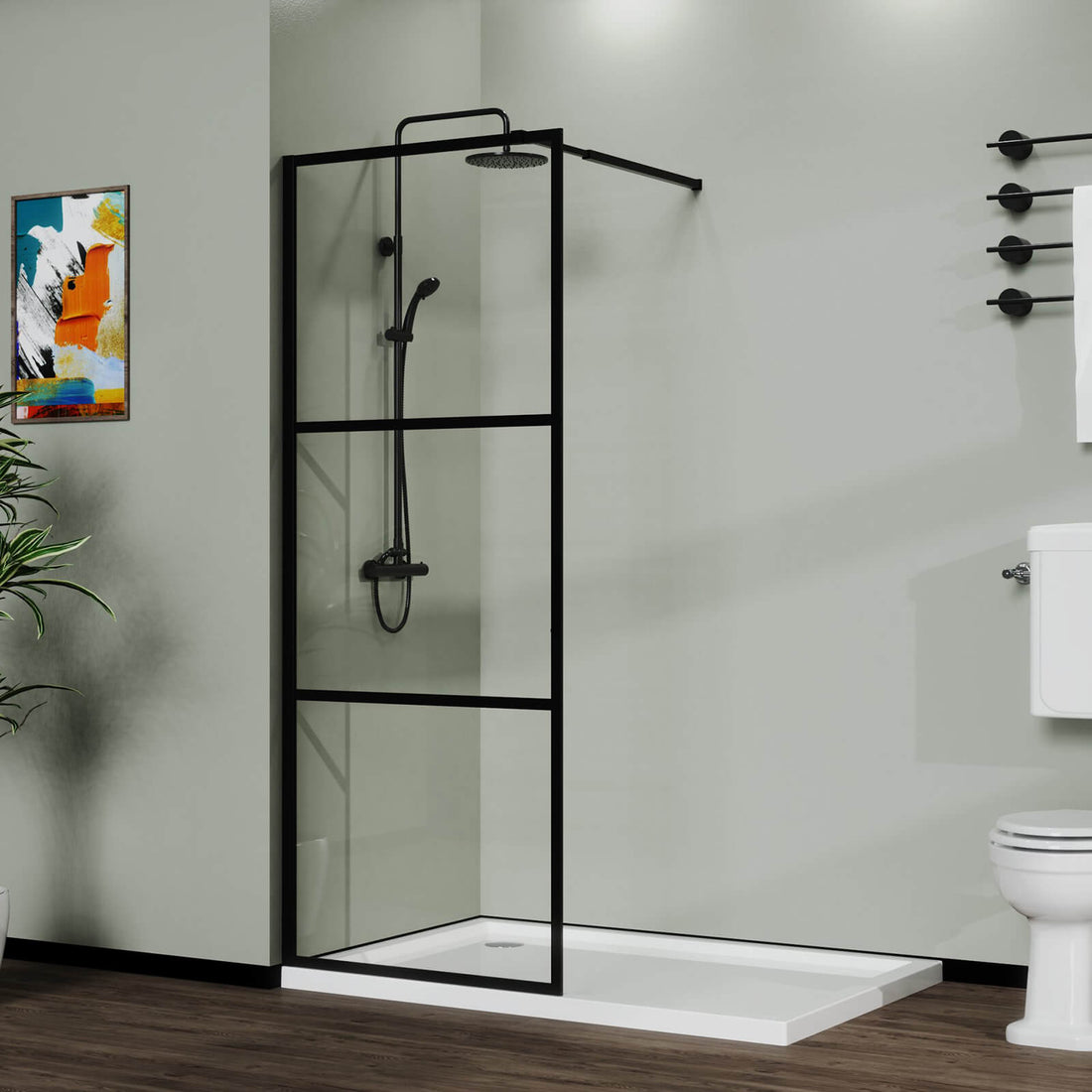 34 x 72 inch Fixed Tempered Glass Shower Screen with Black Frame