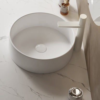Round White Ceramic Above-Counter Vessel Bathroom Sink oblique view smooth white interior exterior