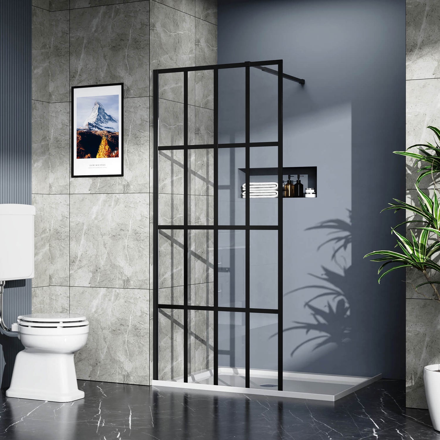 34x72 inch clear tempered glass grid shower screen installed in modern bathroom