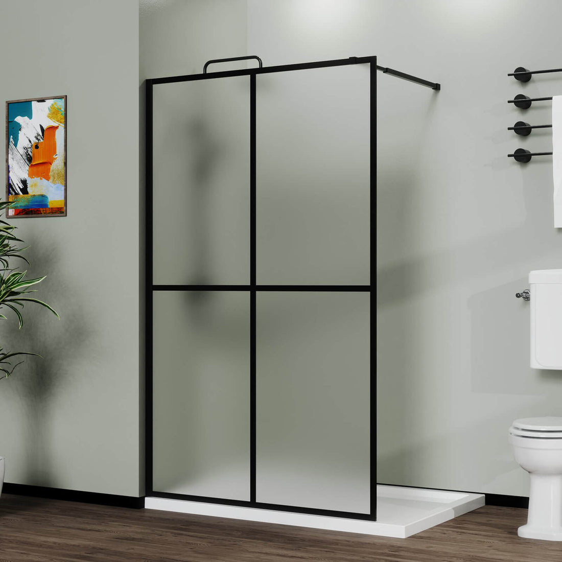 34" x 72" Fixed Shower Screen with Top Support Bar and Grid Design