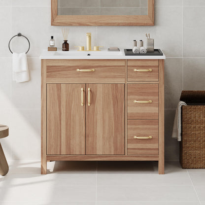 36 Inch Light Wood Single Sink Bathroom Vanity with Gold Handles
