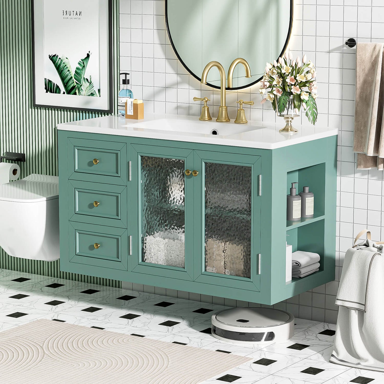 36 Inch Wall Mounted Bathroom Vanity with Ripple Panel and Ceramic Sink