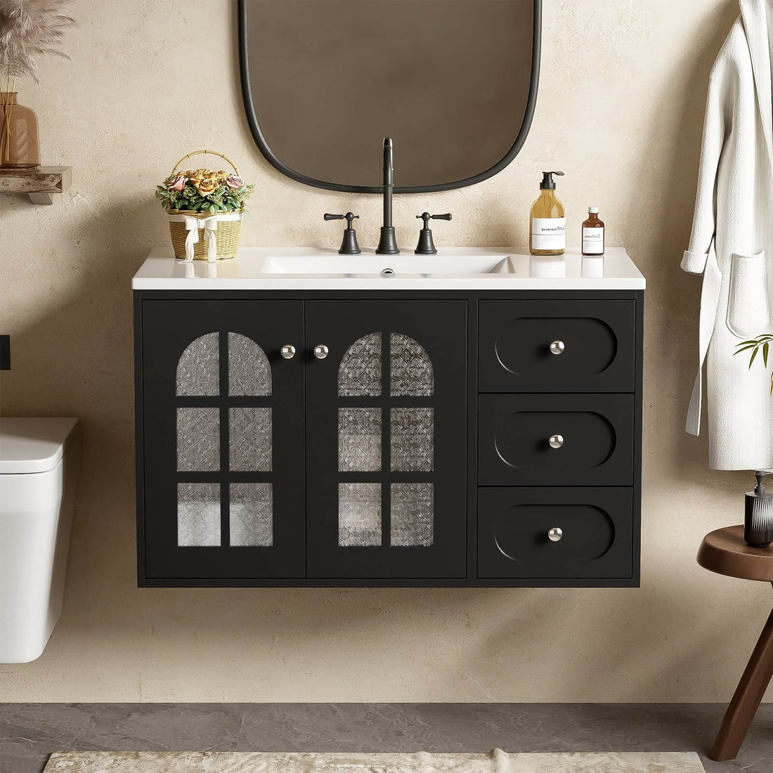 36 Inch Wall Mounted Bathroom Vanity with Transparent Panels