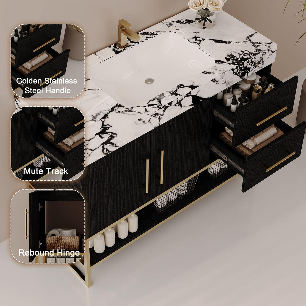 36-Inch Black Bath Vanity Hardware Details Gold Stainless Steel Handles Mute Drawer Track Rebound Hinge   
