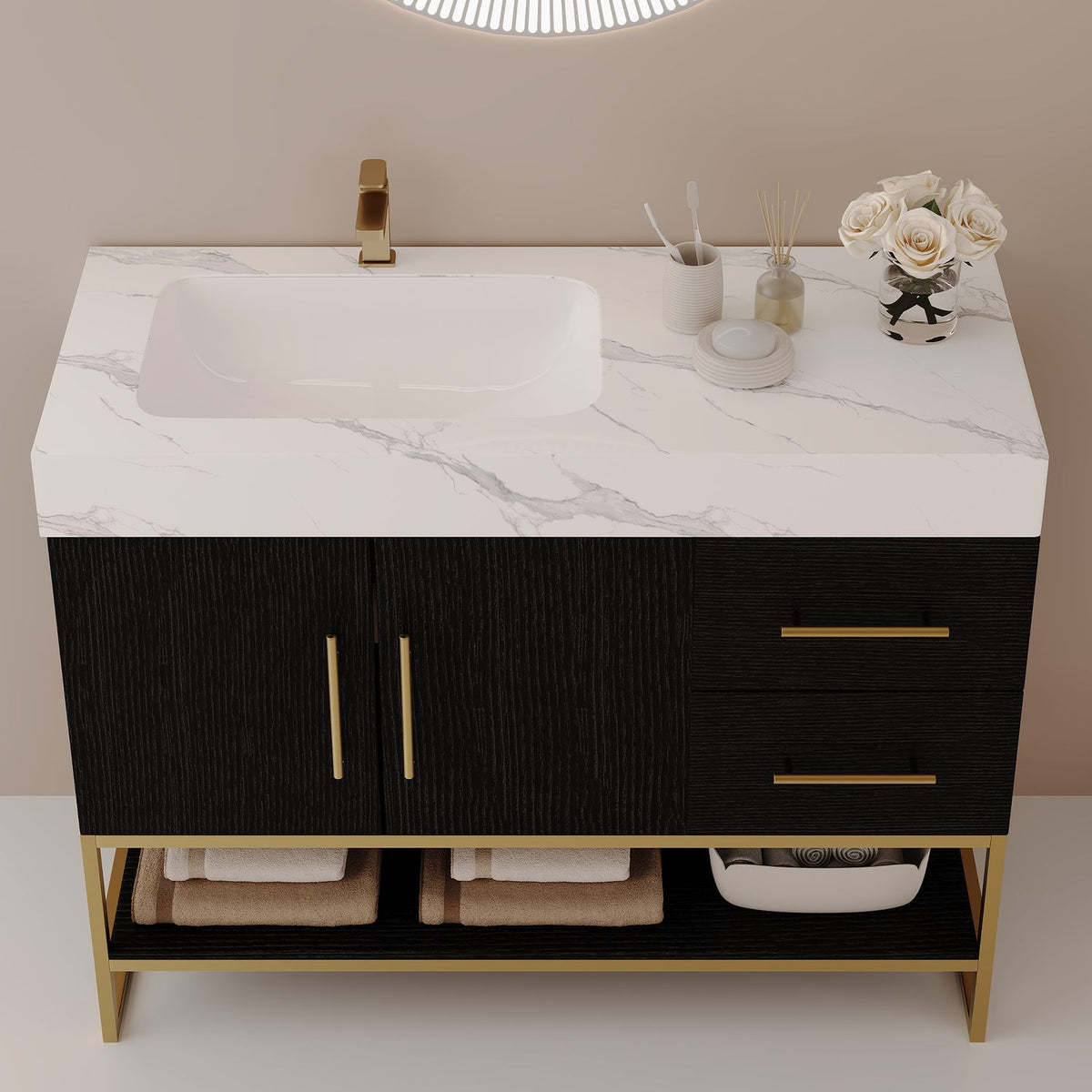 36-Inch Black Bath Vanity Left Side Undermount Sink High Angle Front View