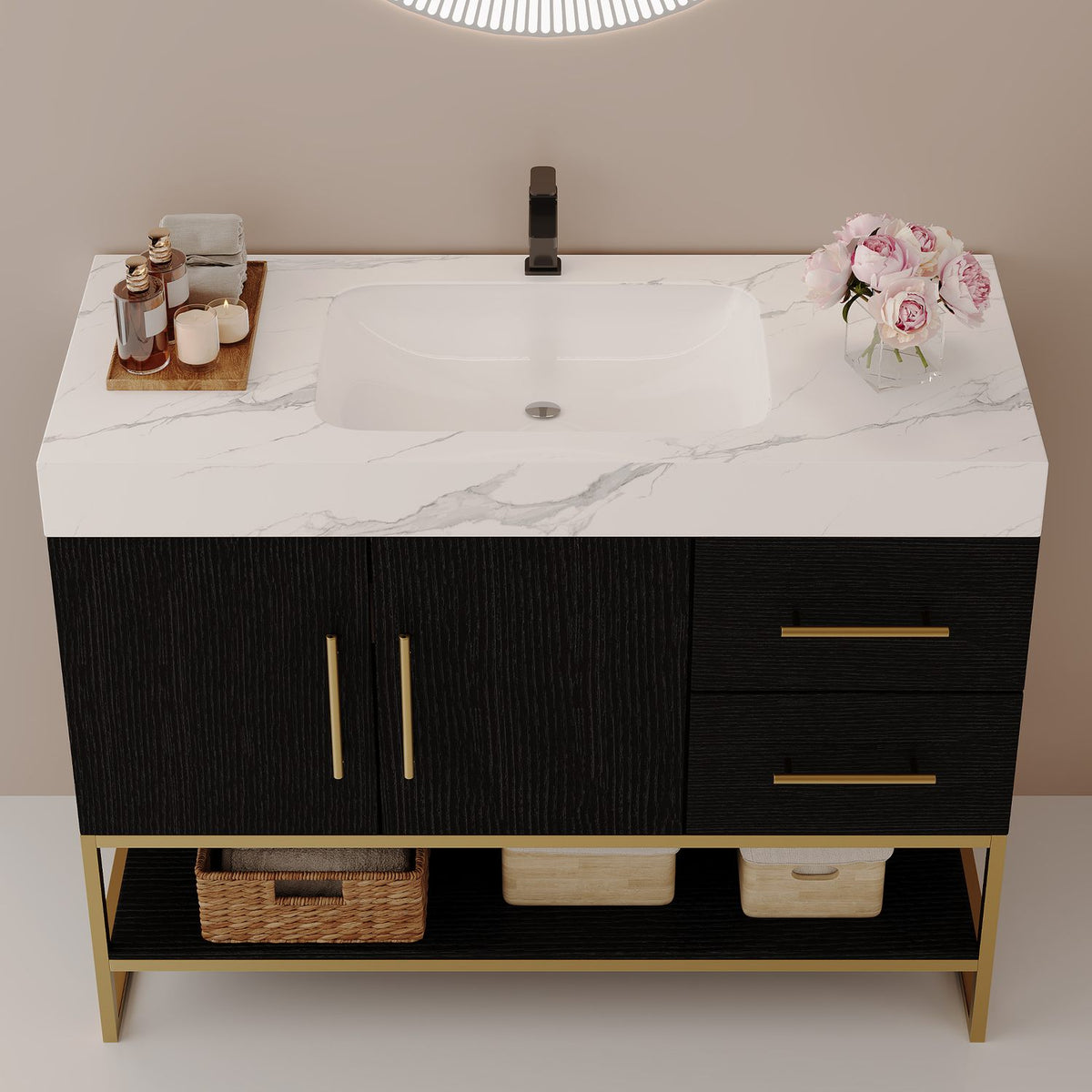 36-Inch Black Bath Vanity Rectangular Ceramic Sink Faux Marble Top High Angle View   
