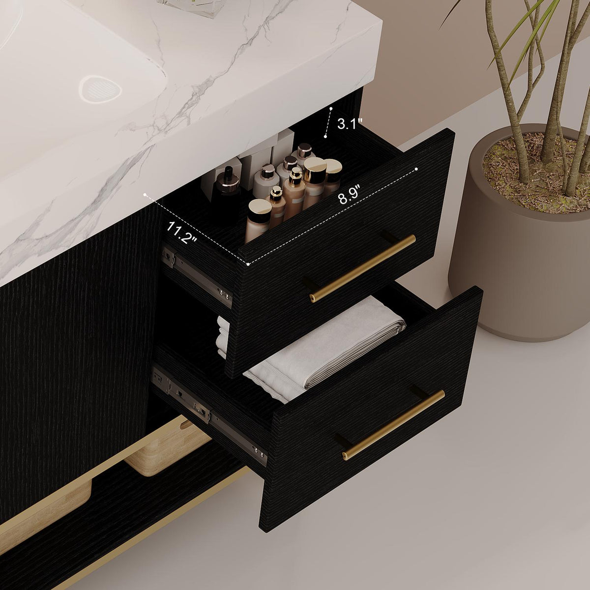 36-Inch Black Bathroom Vanity Drawer Interior Dimensions Size Storage Capacity Detail   