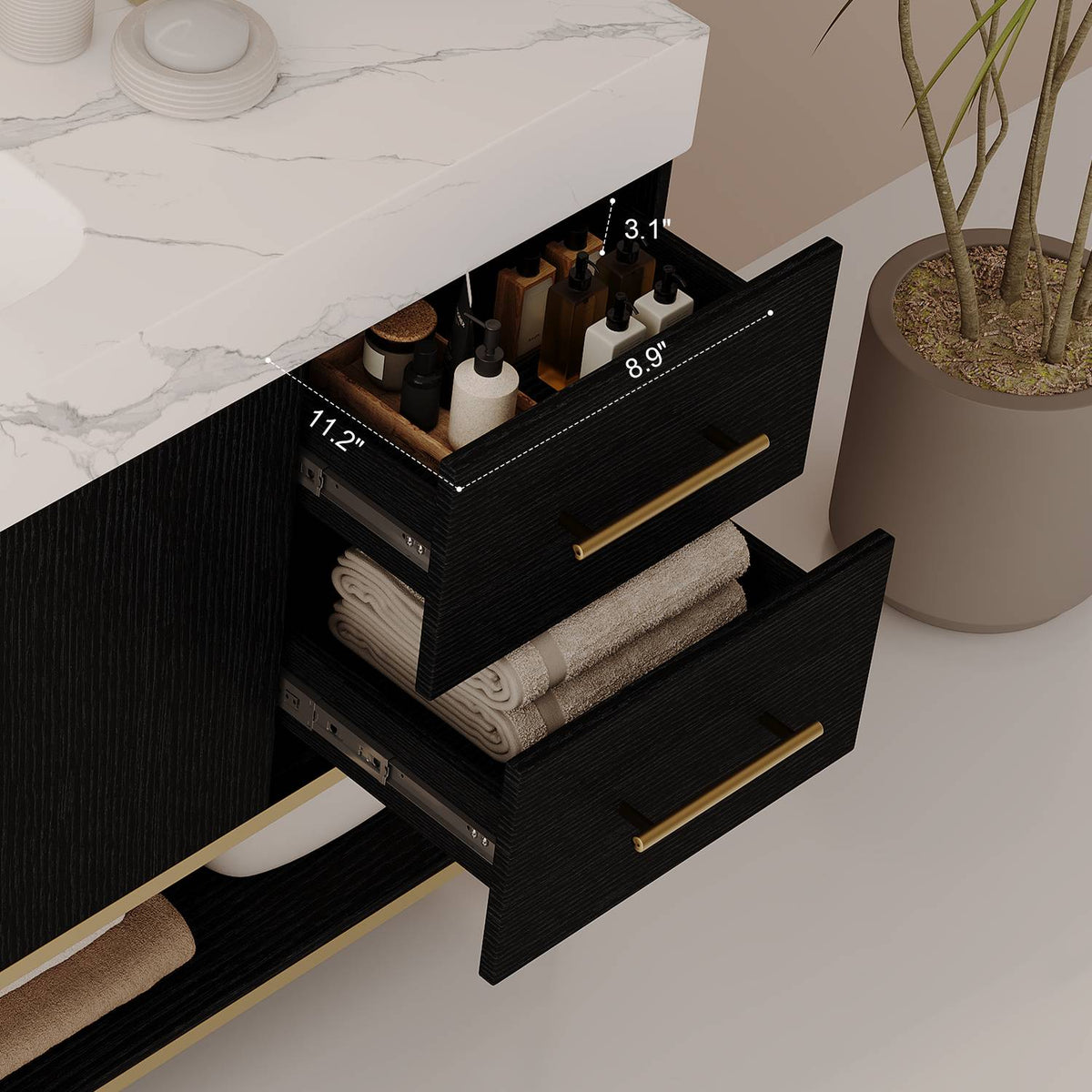 36-Inch Black Bathroom Vanity Drawer Interior Dimensions Storage Capacity Measurement