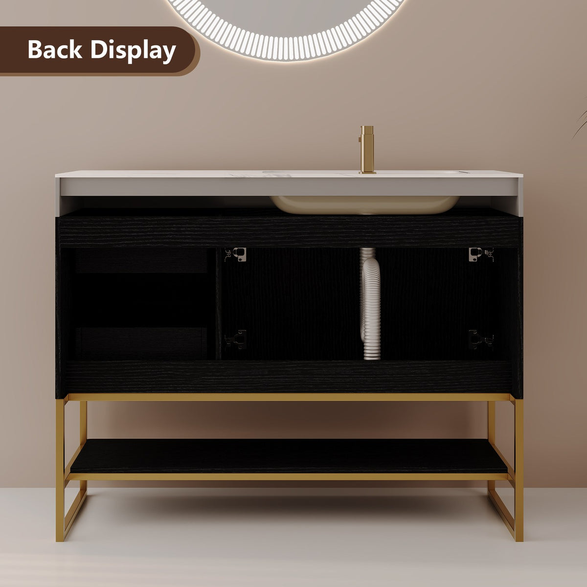 36-Inch Black Bathroom Vanity Rear View Cutout Back Opening Easy Plumbing Installation