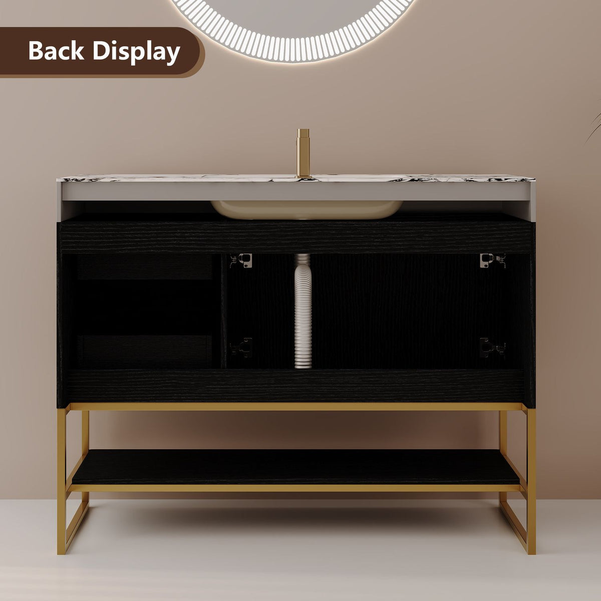 36-Inch Black Freestanding Bath Vanity Rear View Open Back Cutout Easy Plumbing Installation Gold Frame