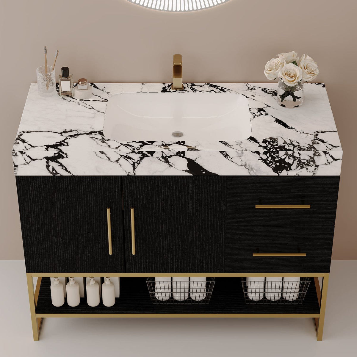 36-Inch Black Freestanding Bath Vanity Rectangular Ceramic Sink Faux Marble Countertop High Angle View Gold Hardware