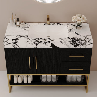 36-Inch Black Freestanding Bath Vanity Rectangular Ceramic Sink Faux Marble Countertop High Angle View Gold Hardware