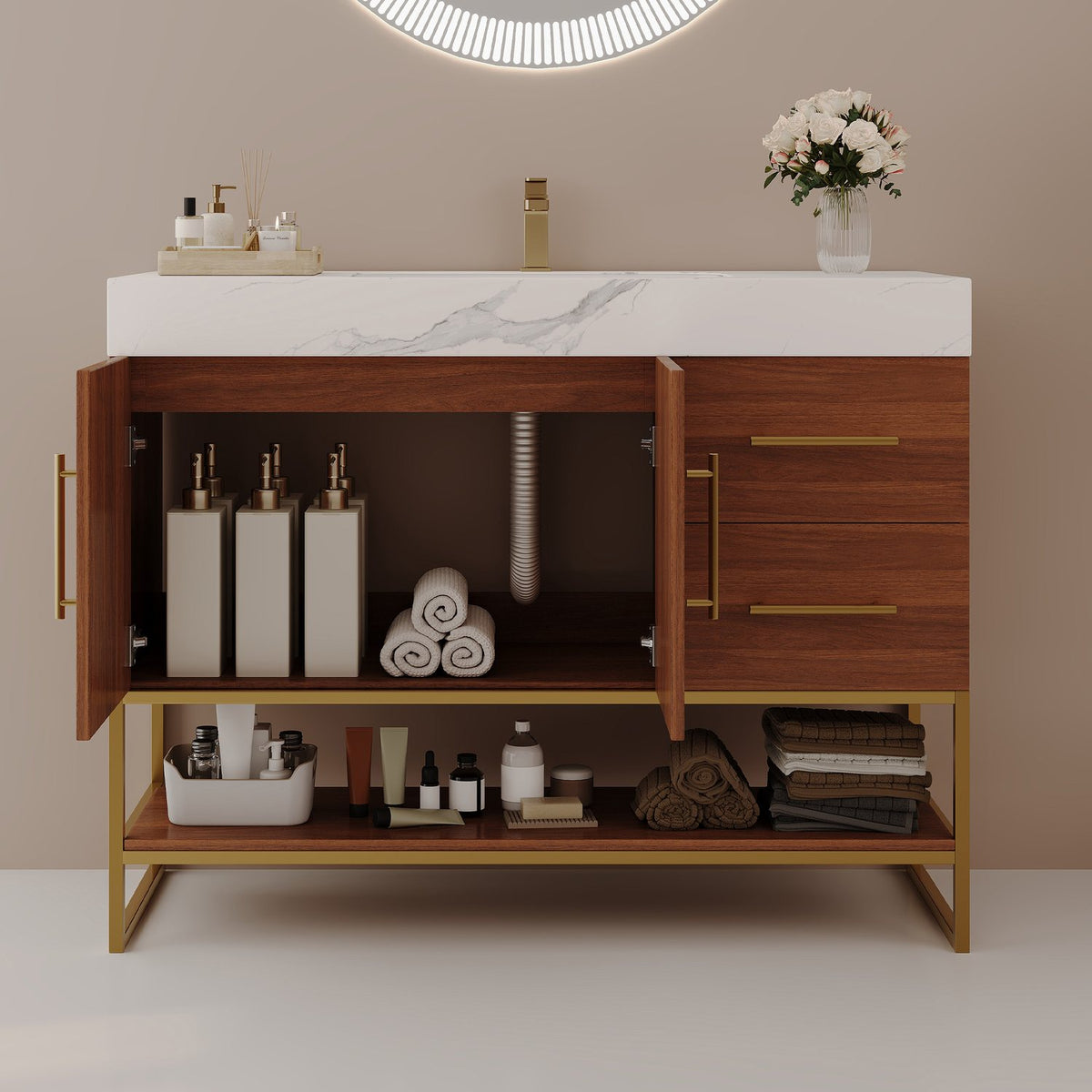36-Inch Dark Walnut Bath Vanity Open Double Cabinet Doors Under Sink Storage Space   