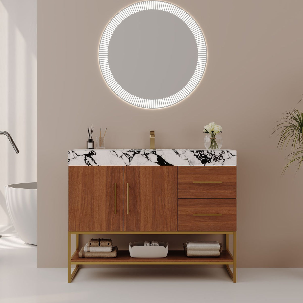 36-Inch Freestanding Walnut Bathroom Vanity Room Scene Round LED Light Mirror