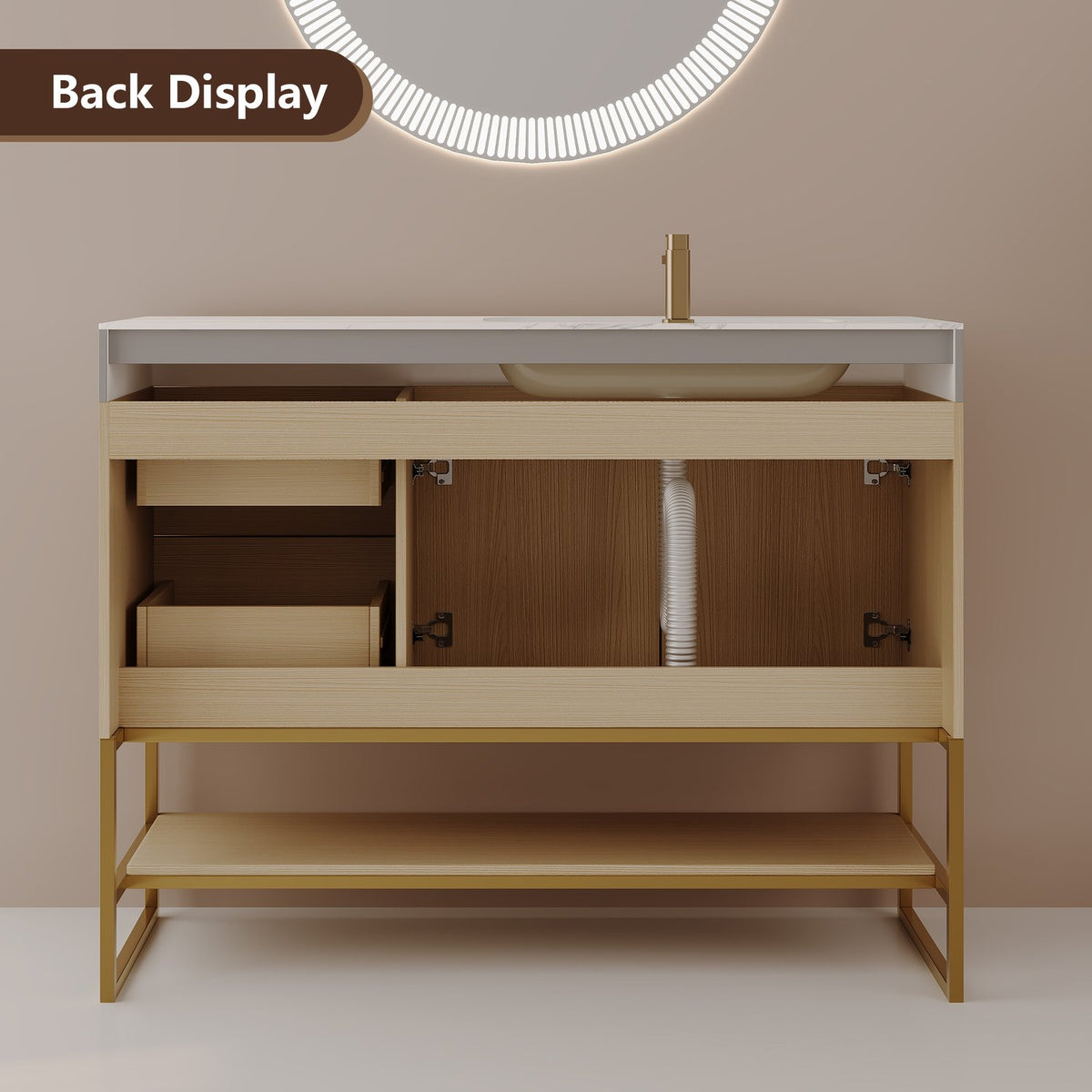 36-Inch Light Oak Bathroom Vanity Rear Display Cutout Opening Easy Plumbing Access