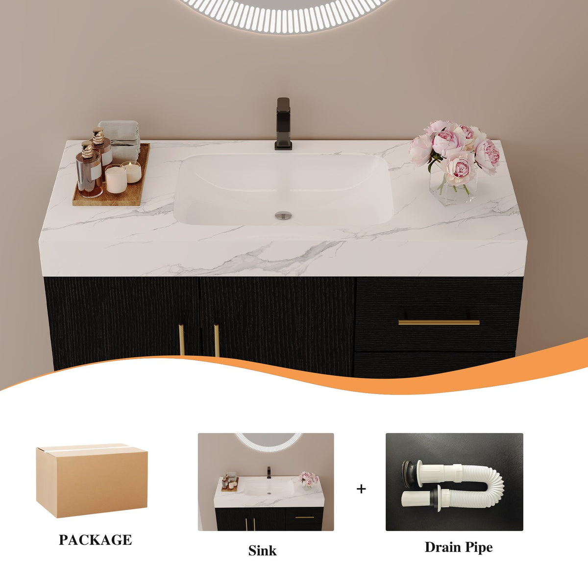 36-Inch Modern Black Bathroom Vanity Packaging Includes Faux Marble Top Sink and Drain Pipe   
